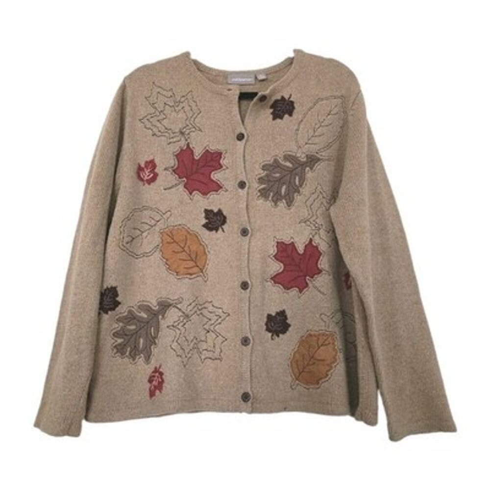 Vtg Fall Leaf Full Zip Sweater Womens XL Beige Cottage Grandmacore Hobbit Boho